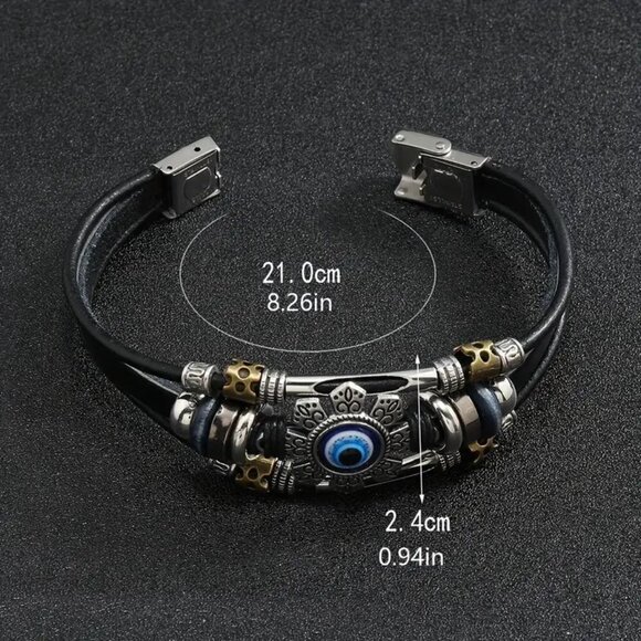 Bracelet Cuff Evil Third Eye Layered Stainless Leather Metal Beads Unisex Trendy - Picture 5 of 5